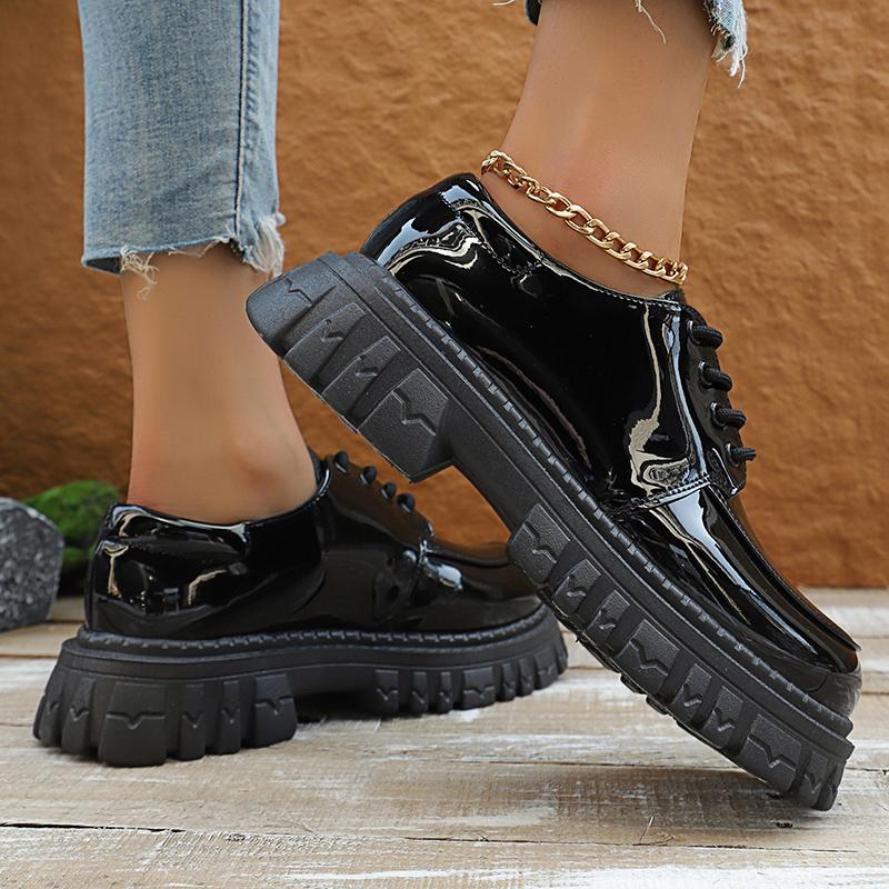Módní černé lakované kožené platformové mokasíny dámské 2025 podzim silná podrážka PU kožené boty dámské plus size šněrovací studentské boty 42