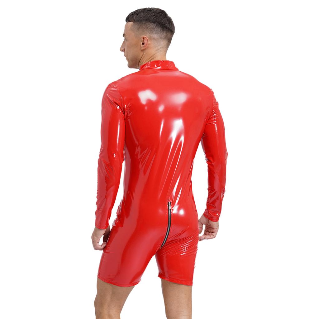 Herren Jumpsuit mit langen Ärmeln, Wet-Look Lackleder, Rollkragen Bodysuit, Reißverschluss im Schritt, Club Tanzkostüm