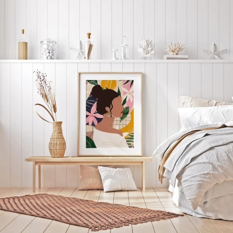 Boho Modern Eclectic Fashion Girl with Plants and Flowers Poster Woman Portrait Canvas Painting Modern Wall Art  Room Home Decor