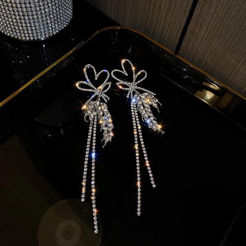 Silver Needle Diamond Flower Water Drop Tassel Earrings Exaggerated Earrings Light Luxury Premium Earrings Women