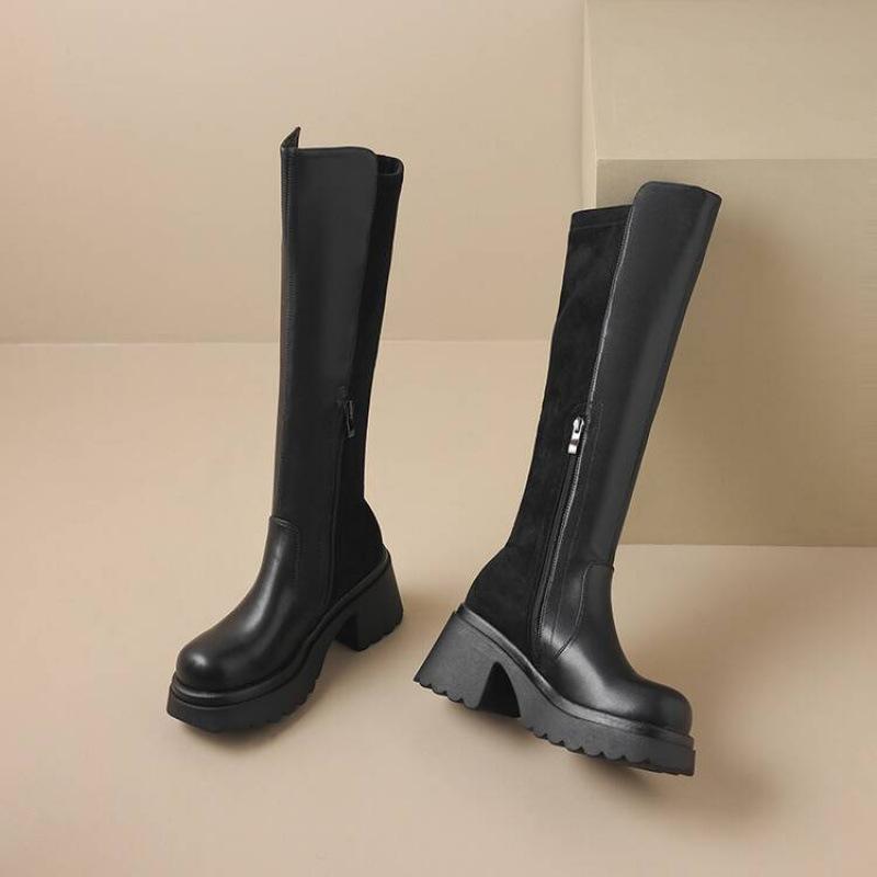 Korean version of the new leather high boots solid color high heel large size women's boots round head thick bottom side zipper non-slip Martin boots