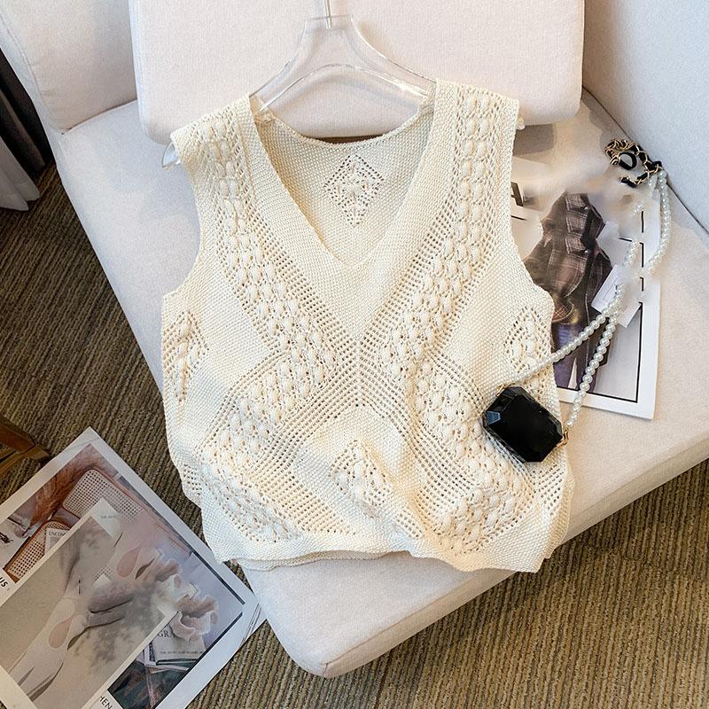 Solid Color V Neck Tank Top Casual Sleeveless Cut Out Knitted Tank Top For Every Day, Women's Clothing