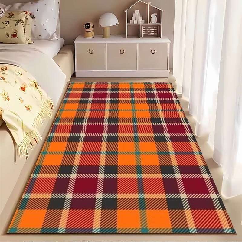 Plaid Pattern Carpet In Warm Orange and Red Tones, Modern Home Decor Suitable for Use As an Anti-slip for Living Room Bedroom Sofas