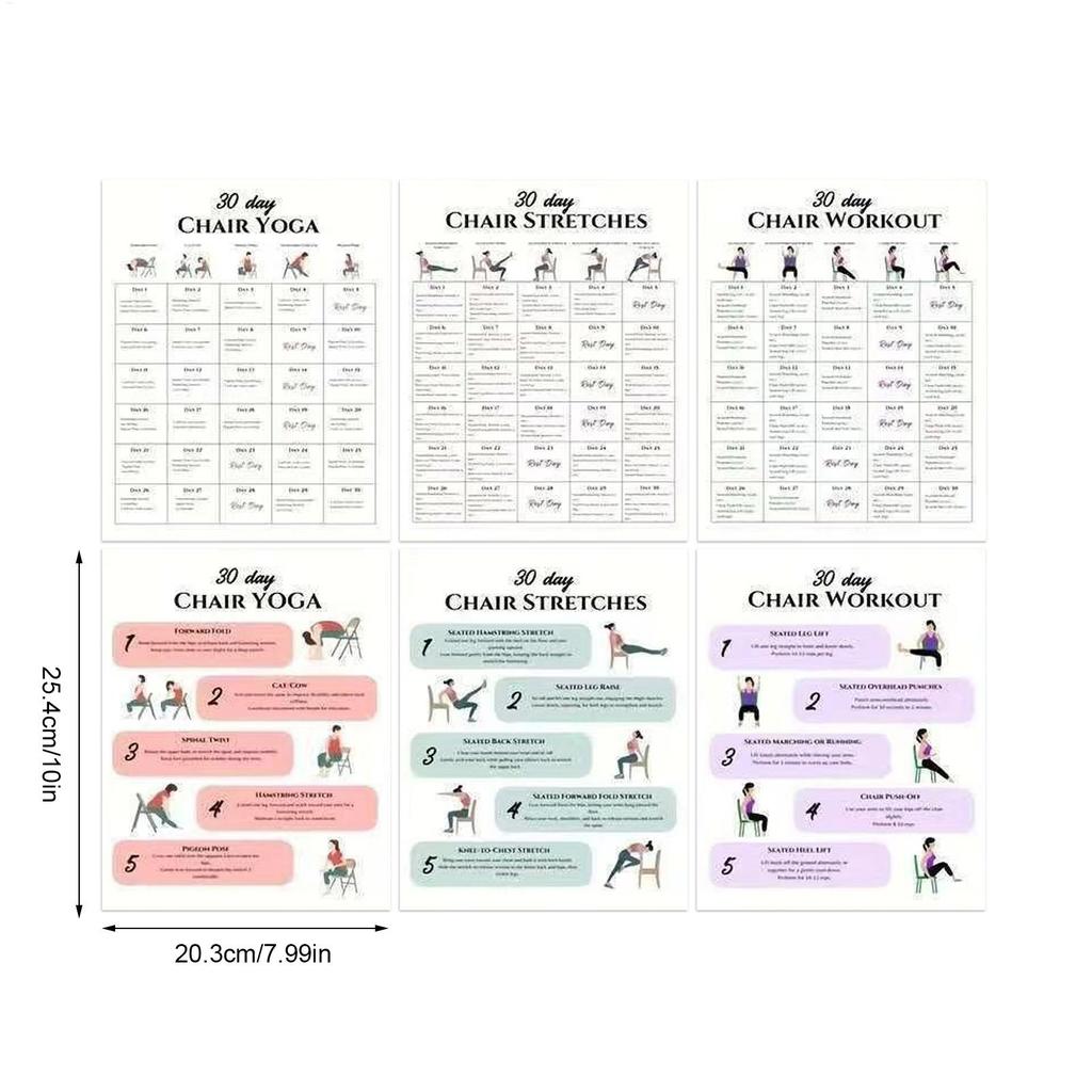 30-Tage-Stuhlübungsplan-Poster für Senioren 6 Stück Fitness-Poster Yoga Sitzende Haltung Übungsdiagramme für Morgensport