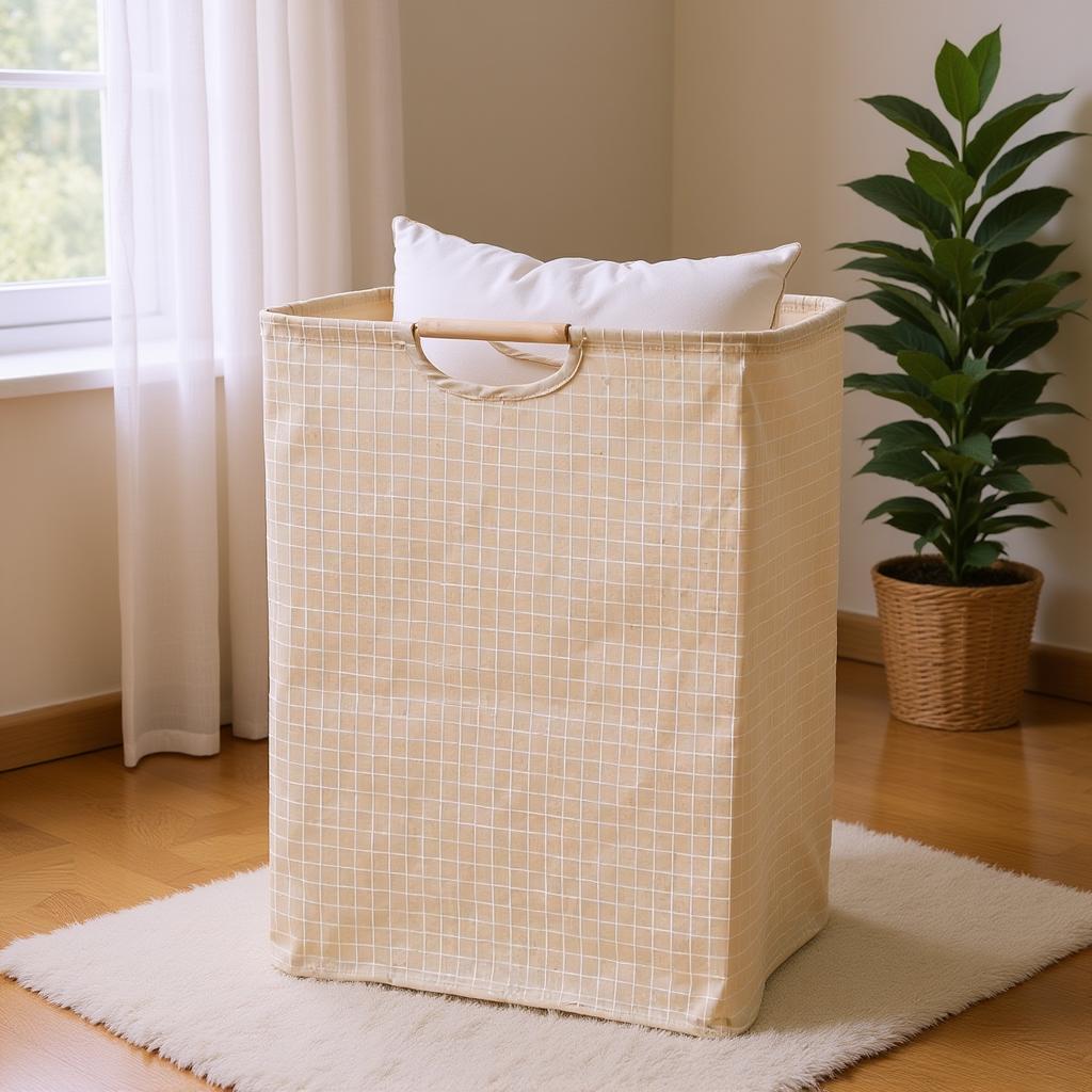 Foldable Cotton Linen Laundry Basket with Wooden Handles Waterproof Lining for Home Bedroom Bathroom Storage