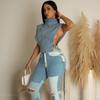Damen Hoher Kragen Ärmellos Umhang Passform Uni Denim Crop Weste Schnallenriemen Streetwear Weste