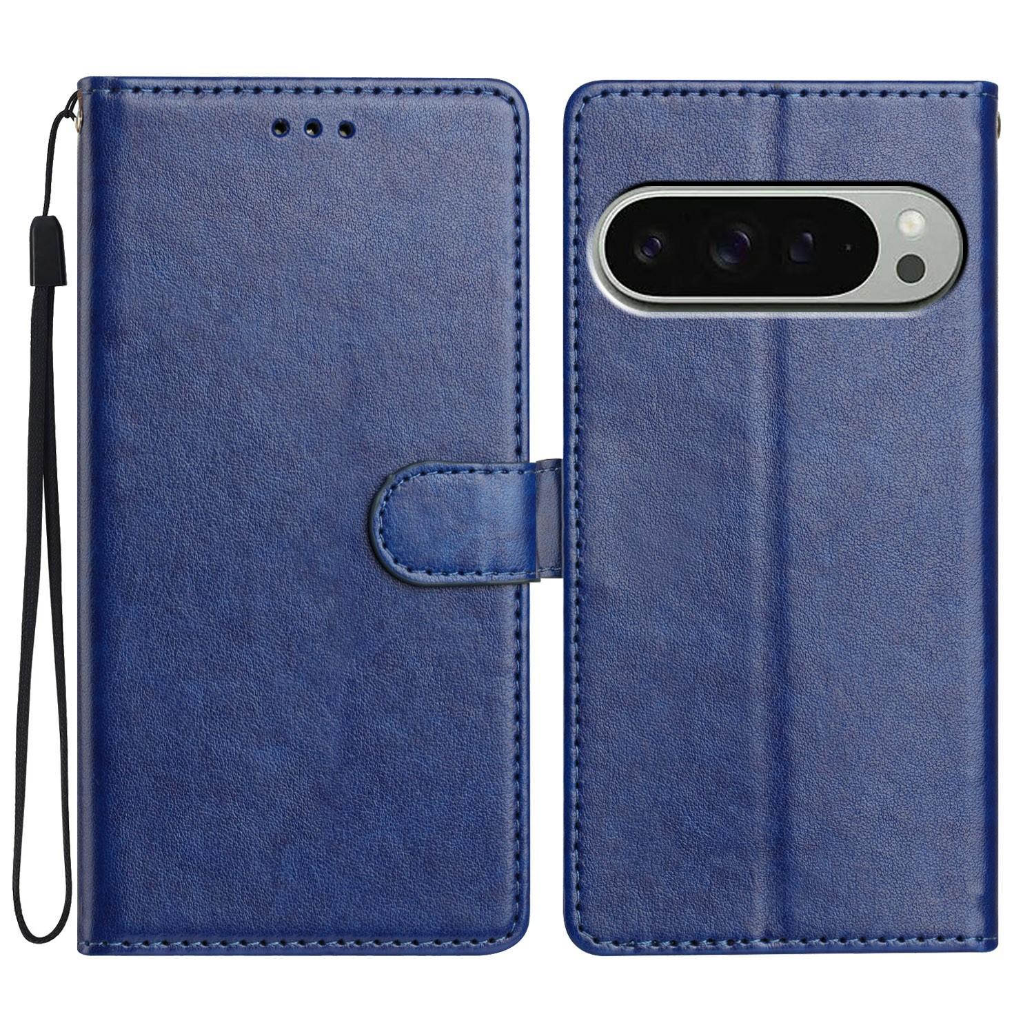 

For Google Pixel 9 Pro/Pixel 9 Leather Phone Case Wallet Stand Cover with Handy Strap Blue