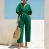 Women’s V Neck Short Sleeve Jumpsuit with Adjustable Waist Tie Loose Fit Wide Leg Romper Casual Wear