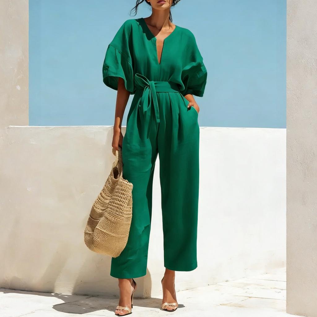 Women’s V Neck Short Sleeve Jumpsuit with Adjustable Waist Tie Loose Fit Wide Leg Romper Casual Wear