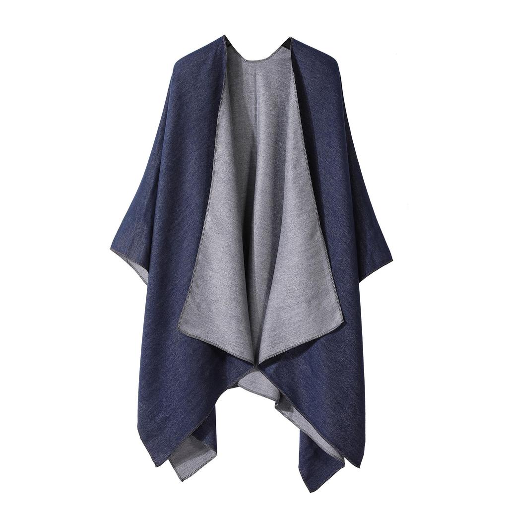 Women's European & American Double-Sided Solid Color Cape Shawl with Striped Edge