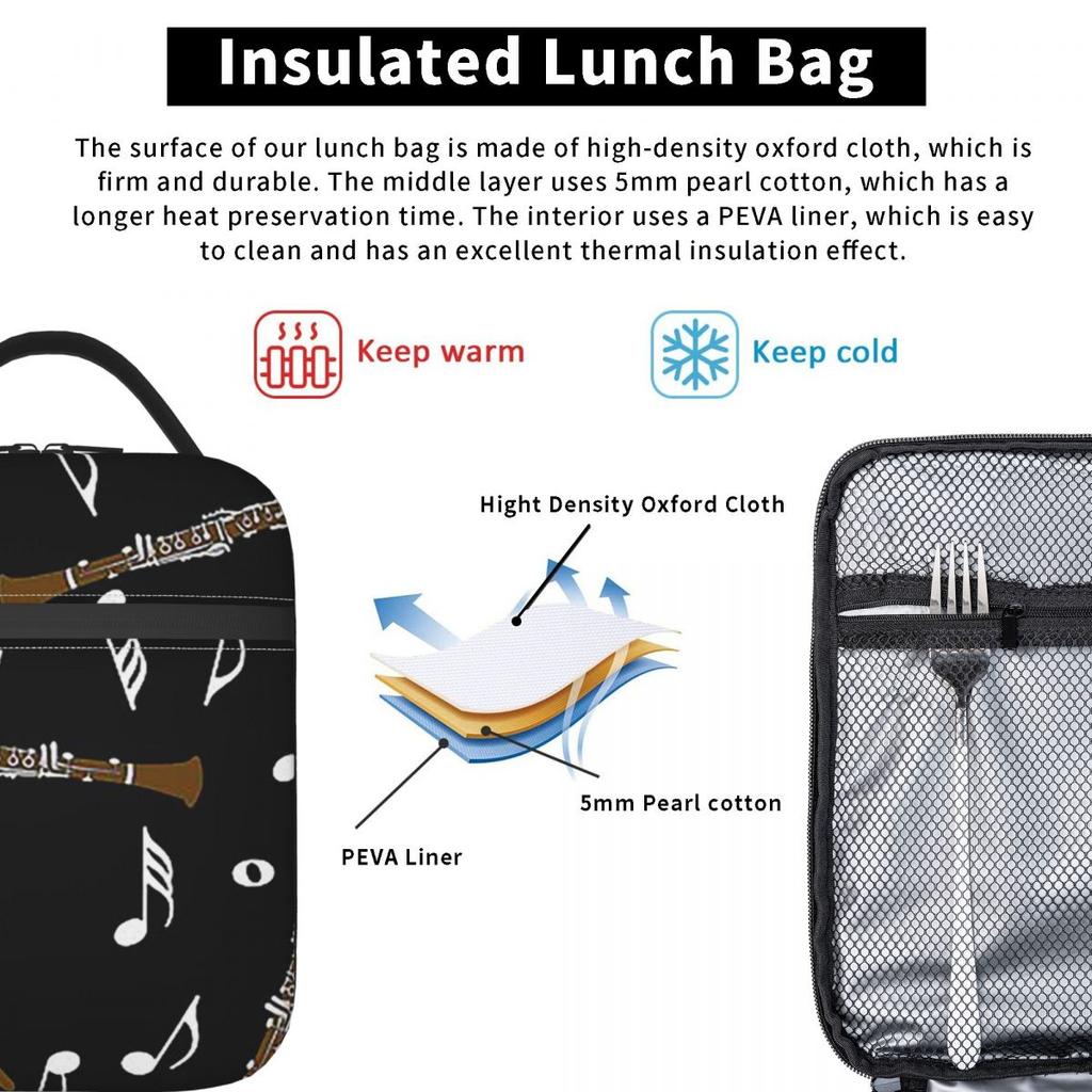 Clarinet Music Note Pattern Insulated Lunch Bag for Kids School Cooler Thermal Food Box Tote Portable Lunch Boxes Container
