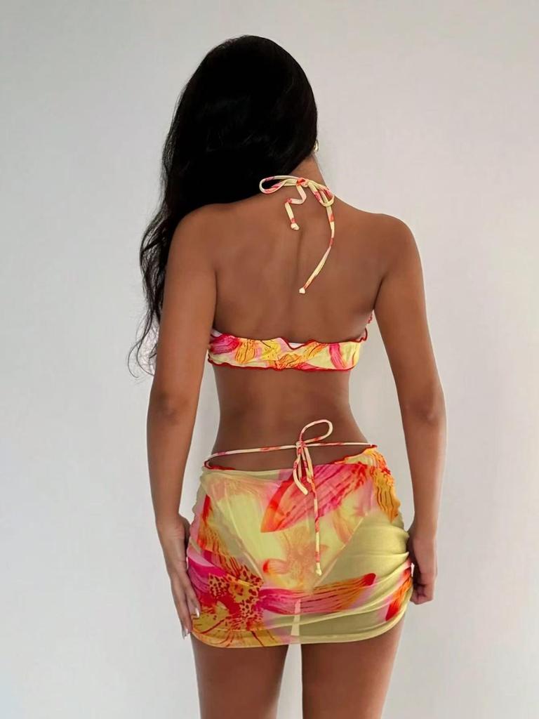 European & American Style Tie-Dye Backless Bodycon Bikini Three-Piece Set (2026 Resort Collection)