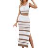 Two Piece Skirt Set for Women Striped Bodycon Slit Midi Skirt And Sleeveless Crop