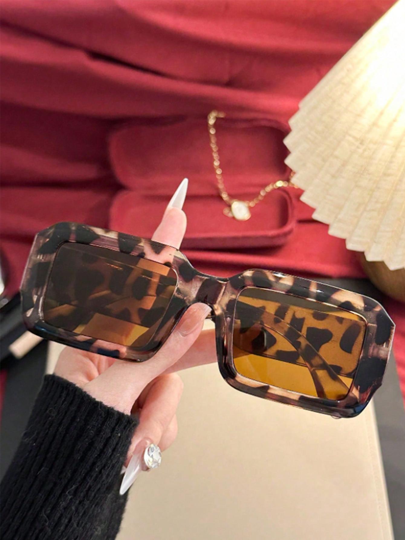 

1Pc Vintage Fashion Leopard Print Rectangular Frame Sunglasses Trendy High-End Fashion Item Suitable for Vintage Outfits Daily W