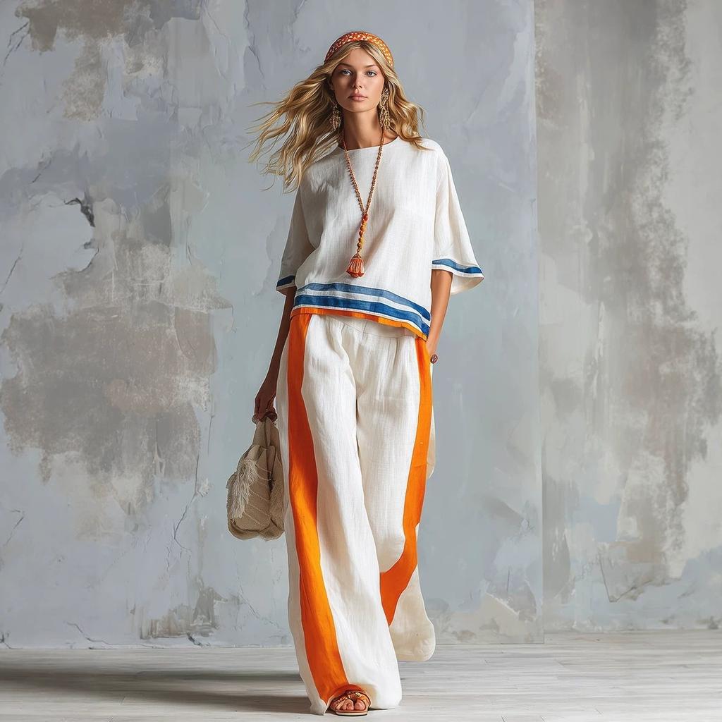 1116 popular European and American style contrasting colors loose wide-leg pants set women's casual fashion two-piece set summer printed top