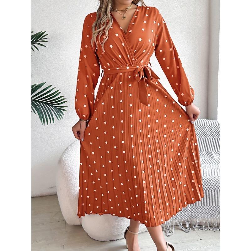 Autumn Winter Elegant Contrasting Wave Dot Cross V-neck Pleated Long Women's Clothing Casual Dresses
