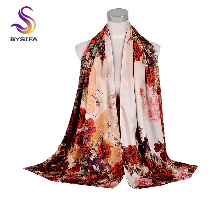 [BYSIFA] Fashion Silk Scarf Shawl Women  New Chinese Style Purple Rich Peony Scarves Spring Autumn Buttons Long Scarves