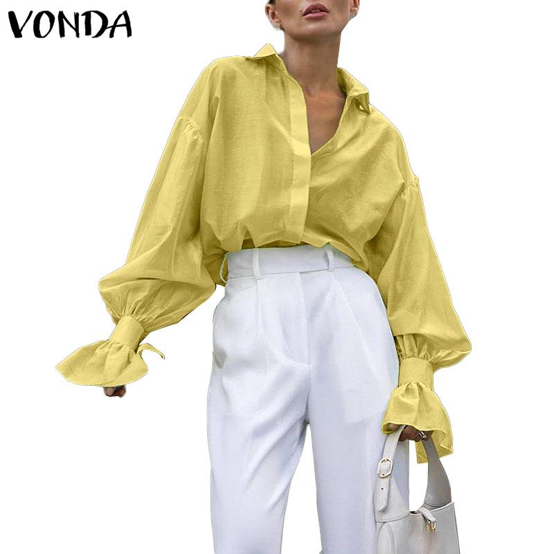 VONDA Women Lapel Neck Long Sleeve Semi-Sheer Thin Casual Shirts Blouse