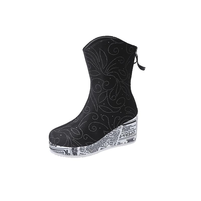 Fashion Rhinestone Suede Wedge Single Boots Women's Fashion Round Toe Rear Zip Platform Anti-Slip Wear-Resistant Short Shoe