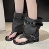 Fashion Toe Sandals Denim Metal Belt Buckle Inside Heightened Round Toe Flat Anti-Slip Trouser Leave Cold Boots