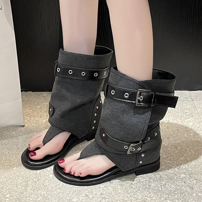 Fashion Toe Sandals Denim Metal Belt Buckle Inside Heightened Round Toe Flat Anti-Slip Trouser Leave Cold Boots