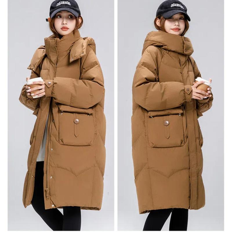 Women's Autumn and Winter Coat Solid Color Stand Collar Hooded Loose Thickened Windproof Mid-length Women's Jacket
