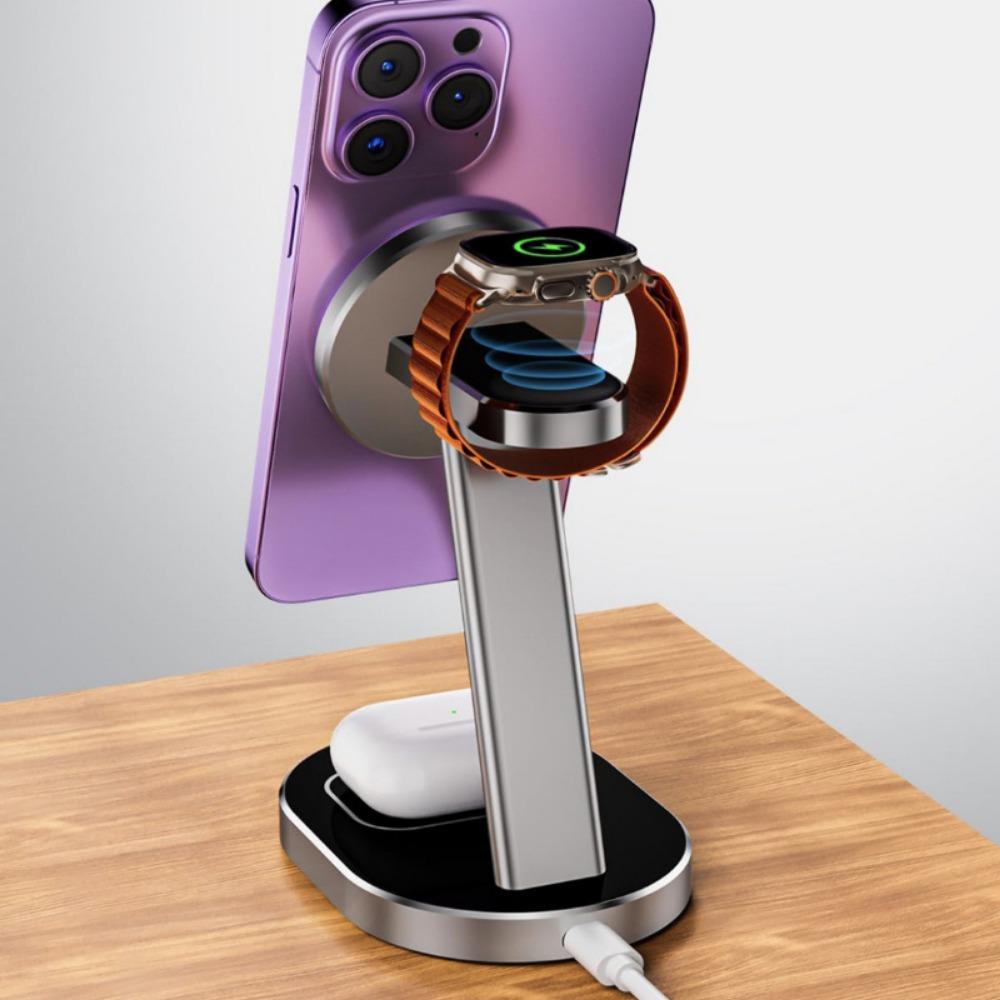 Der 3-in-1-Desktop-Ständer für kabellose Ladegeräte aus Aluminiumlegierung eignet sich zum kabellosen Laden von iPhone-Uhrenkopfhörern
