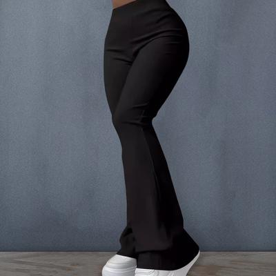Yousheng Women Wide-Leg Bootcut Pants Elastic High Waist Solid Color Ribbed Trousers Solid Color Design Flared Pants
