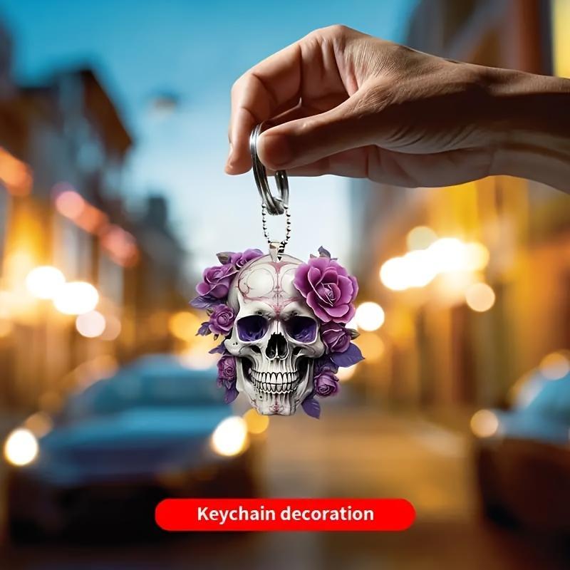 2pcs Gothic Style Skull & Roses Hanging Ornament - 2D Acrylic Car Rearview Mirror Decor - Versatile Halloween