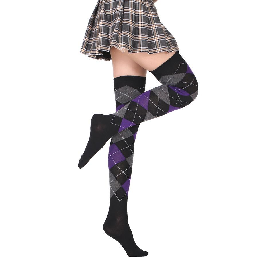 New Vintage Style Women's Socks Diamond Plaid Over Knee Socks Student Casual Stockings Party Dance Socks