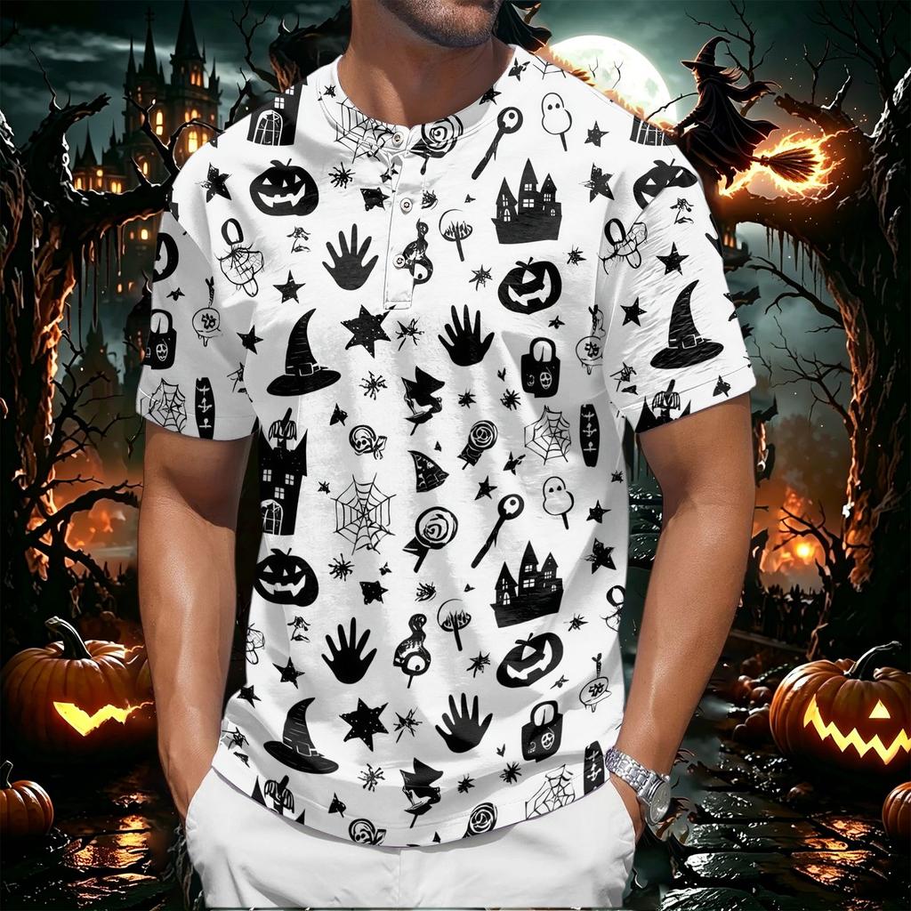 Men's Halloween Print Short Sleeve Henley Shirt Casual Button Up Top with Pumpkin Pattern Lightweight Breathable Fabric for Everyday Wear