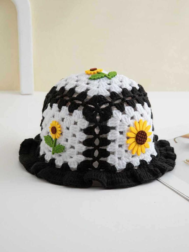 Handmade Knitted Sunflower Fisherman Hat For Autumn And Winter Women, Cute And Playful Fun, Fungus Edge Wool Knit Crochet Hat, Adult Hat