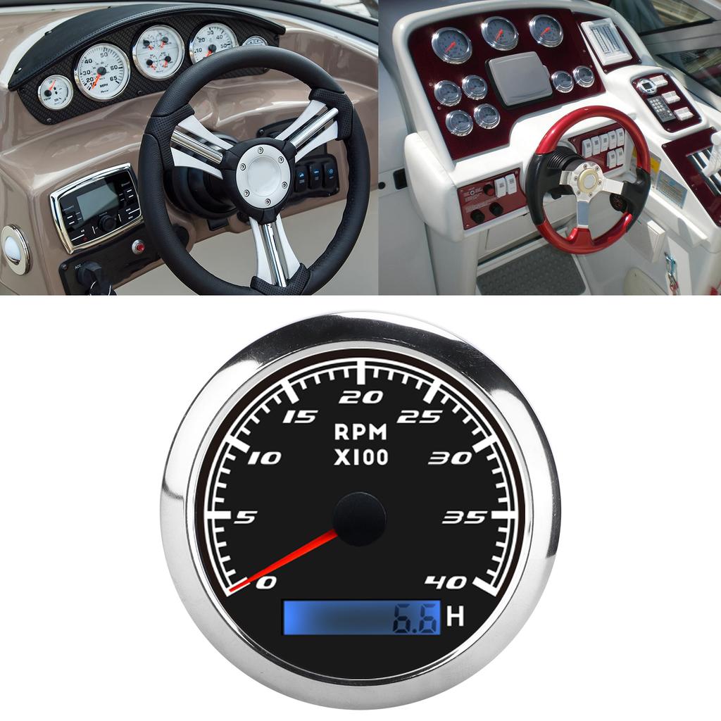 85mm Boat Pointer Tachometer Red Backlight Stainless Steel IP67 Universal for Car TruckBlack