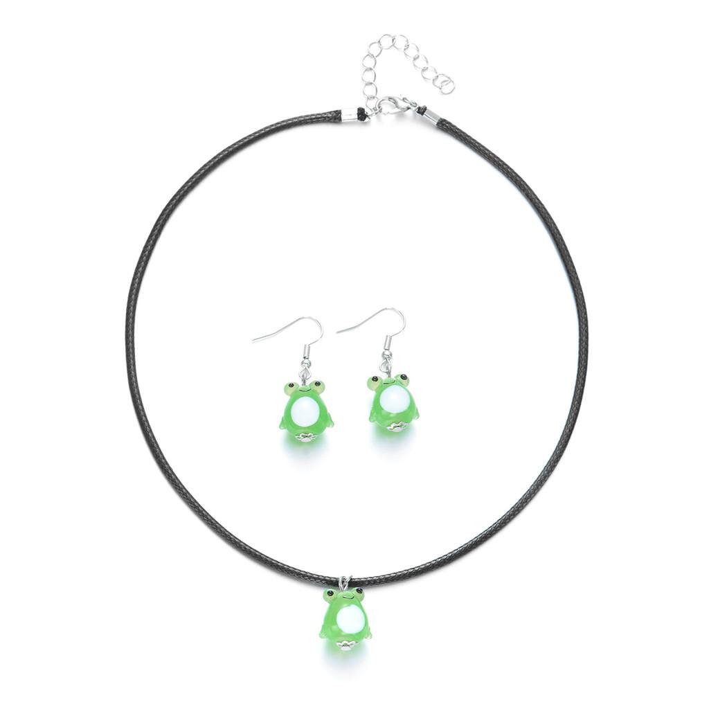 Frosch Cartoon Glas Halskette und Ohrring Set mit Perlenkette für lässige Frauen und Männer