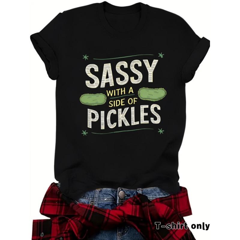 Women's Summer Round Neck Short Sleeve T-shirt Playful Cucumber Pattern Print Comfort T-shirt