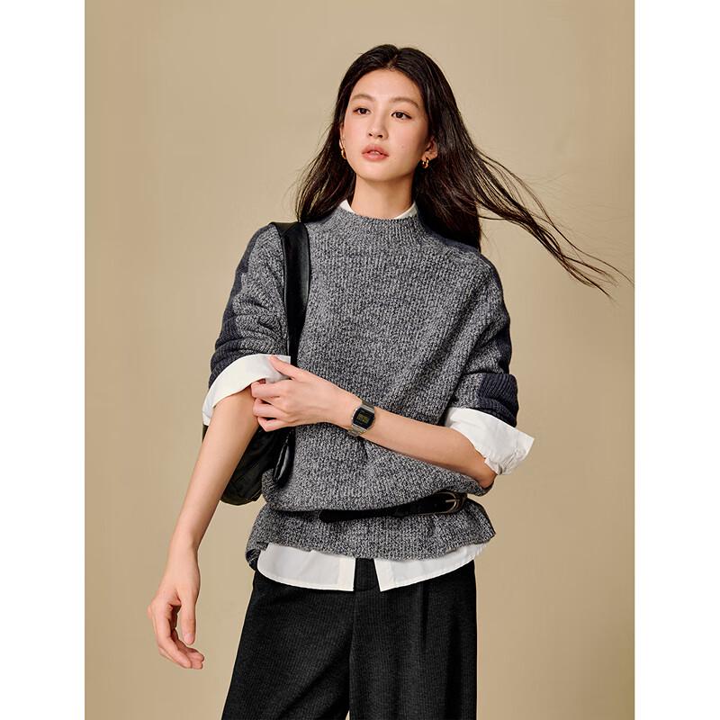 INMAN Women's Relaxed Fit Merino Wool Colorblock Sweater