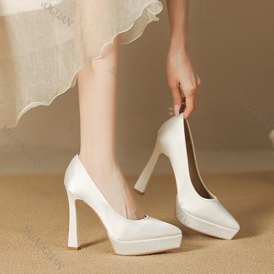 Plateau pumps voor dames, stilettohakken, satijnen spitse neus, sexy, 10 cm 12 cm ultra hoge hakken, elegante damesschoen voor lente en herfst.