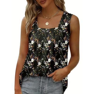 Tanktop mit Blumenmuster und Raffungen, lässiges Sommer-Ärmellos-Top mit eckigem Ausschnitt, Damenbekleidung
