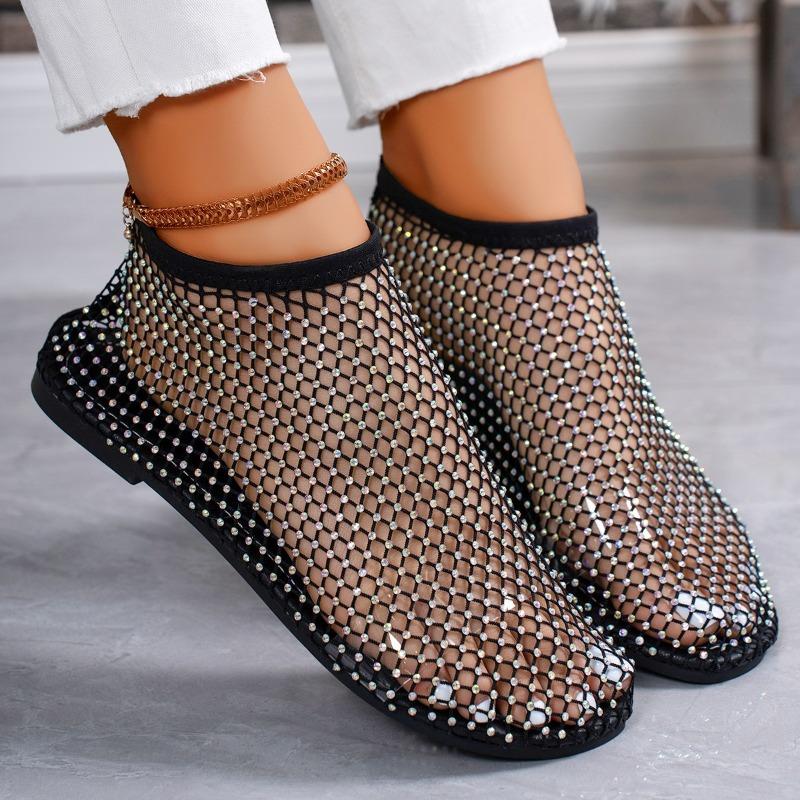 Ladies' Summer Round Toe Sandals with Hollowed Out Internet Celebrity Studded Diamond Short Boots, Sexy Plus Size Flat Shoes, Breathable