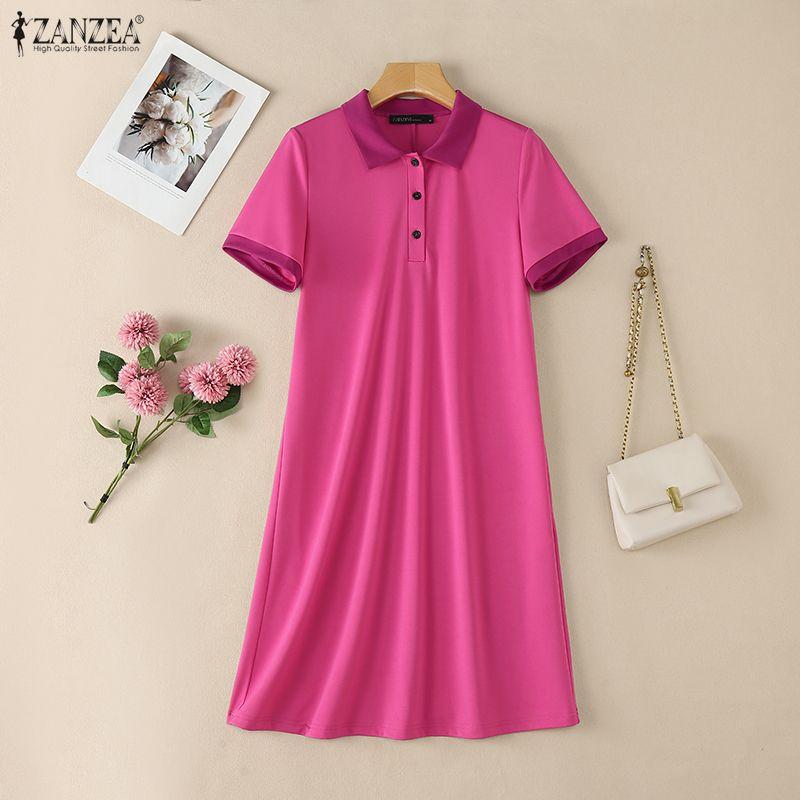 ZANZEA Women Casual Turn Down Collar Summer Short Sleeve Polo Dress