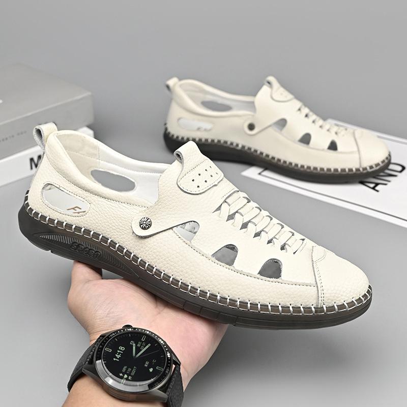 Summer Shoes Men Sandals Genuine Leather Flat Non-slip Holiday Soft Summer Male Footwear Black Beige