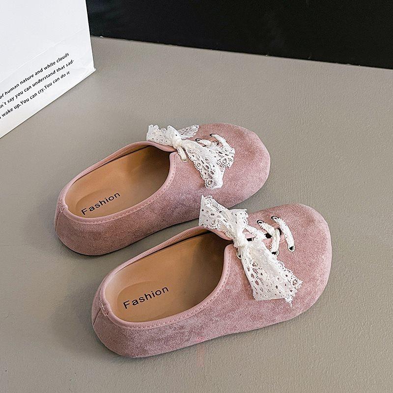Versatile Bow Bag Head Half Slippers Women'S Outer Wear French Retro Birkenstocks Lace Platform Spring