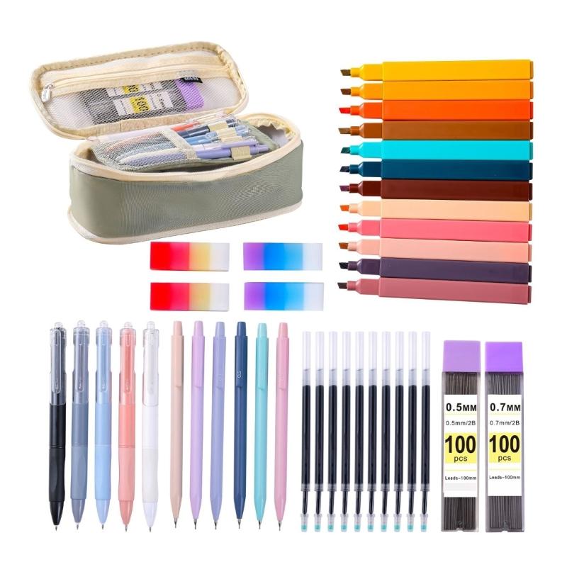 School Set Pencil Case Highlighter Pen Eraser Gel Pen School Accessories Set for Classroom and Office Use