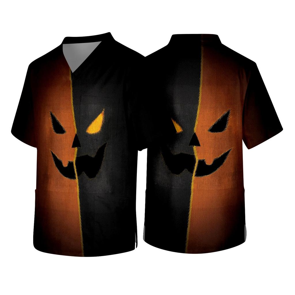 Men's Short Sleeve V-Neck Halloween Print Scrub Top with Chest Pocket