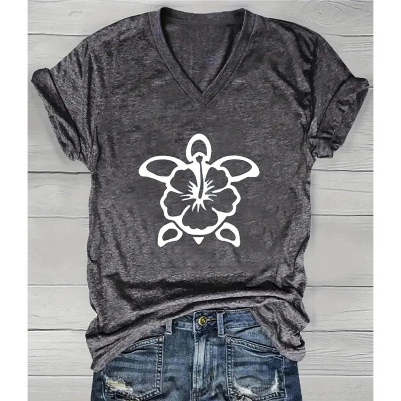 Fashion Spring Sea Turtle Painting Blouses Short Sleeved V-Neck T Shirts Casual