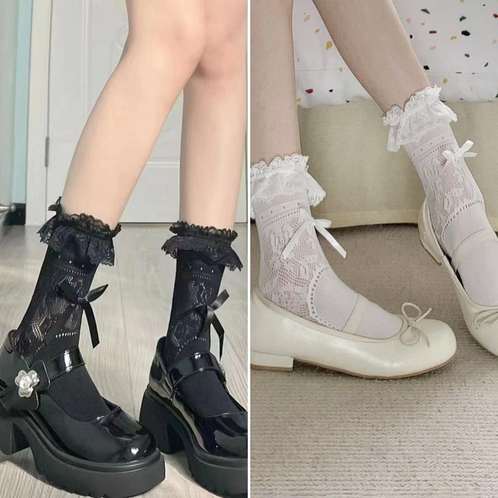 Summer Thin Lace Mid Tube Socks Sweet Bow Hollowed Ballet Calf Socks Lolita White