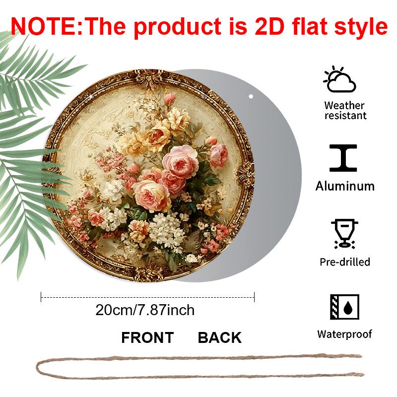 2D Flat, 1pc Round Vintage Floral Metal Wall Decor - Beige & Golden Suitable for Home, Suitable for Housewarming Gifts, Round Aluminum Plaque with