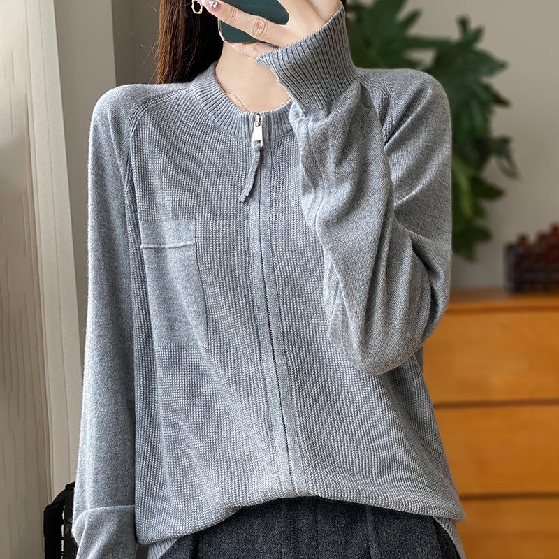 Women's Premium Wool Zip Cardigan - Soft, Slimming, Loose Fit, Autumn/Winter Knit Sweater
