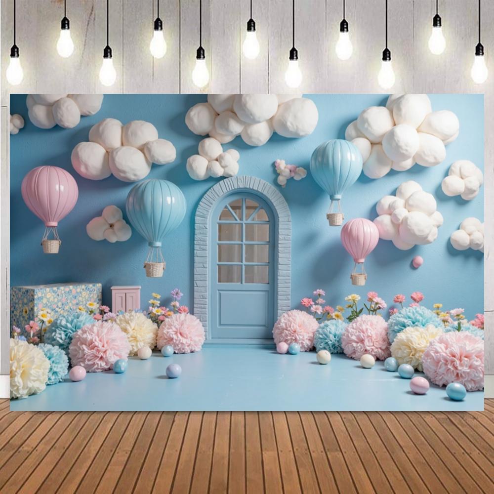 Cute Doll Bear Theme Backdrop Blue Sky Soft Cloud Hot Air Balloon Newborn Baby Shower Birthday Party Decor Photo Background18