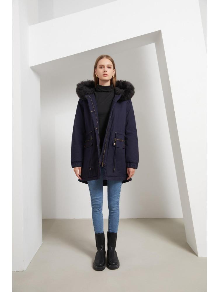 Warm Fluffy Winter Jacket Medium Long Hooded Collar Parker Coat Cotton Zipper Coat